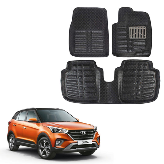 Oshotto 4D Artificial Leather Car Floor Mats For Hyundai Creta (2015-2019) - Set of 3 (2 pcs Front & one Long Single Rear pc) - Black