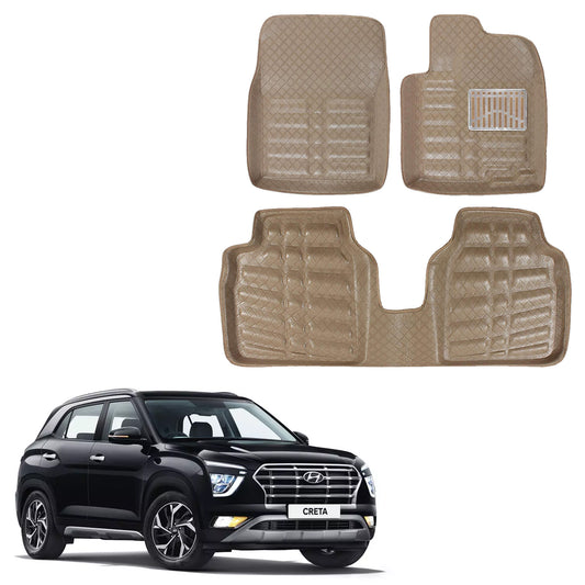 Oshotto 4D Artificial Leather Car Floor Mats For Hyundai Creta 2020-2023 - Set of 3 (2 pcs Front & one Long Single Rear pc) - Beige