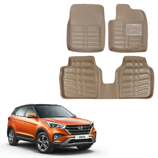 Oshotto 4D Artificial Leather Car Floor Mats For Hyundai Creta (2015-2019) - Set of 3 (2 pcs Front & one Long Single Rear pc) - Beige