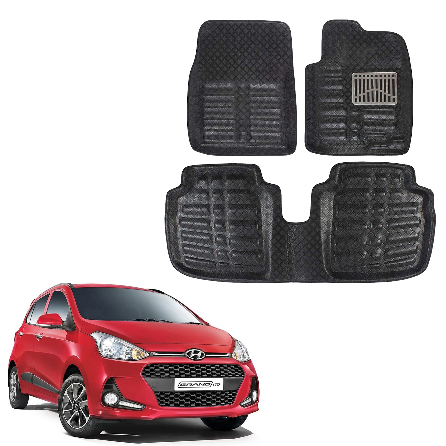 Oshotto 4D Artificial Leather Car Floor Mats For Hyundai i10 Grand - Set of 3 (2 pcs Front & one Long Single Rear pc) - Black