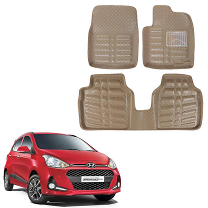 Oshotto 4D Artificial Leather Car Floor Mats For Hyundai i10 Grand - Set of 3 (2 pcs Front & one Long Single Rear pc) - Beige