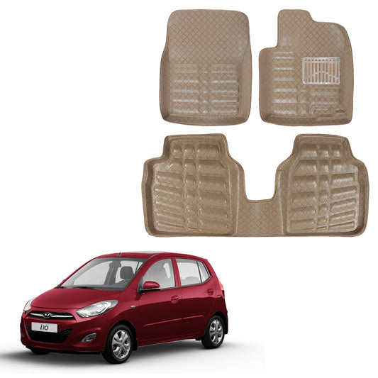Oshotto 4D Artificial Leather Car Floor Mats For Hyundai i10 - Set of 3 (2 pcs Front & one Long Single Rear pc) - Beige