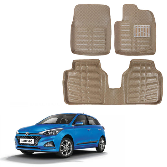 Oshotto 4D Artificial Leather Car Floor Mats For Hyundai i20 Elite 2014-2023 - Set of 3 (2 pcs Front & one Long Single Rear pc) - Beige