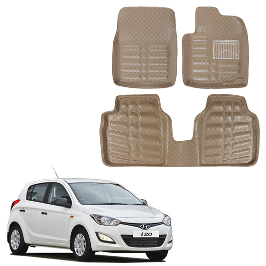 Oshotto 4D Artificial Leather Car Floor Mats For Hyundai i20 (2008-2012) - Set of 3 (2 pcs Front & one Long Single Rear pc) - Beige