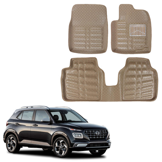 Oshotto 4D Artificial Leather Car Floor Mats For Hyundai Venue - Set of 3 (2 pcs Front & one Long Single Rear pc) - Beige
