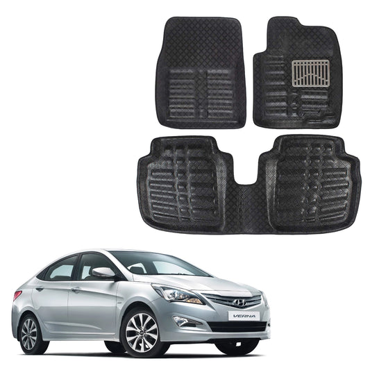 Oshotto 4D Artificial Leather Car Floor Mats For Hyundai Verna Fluidic - Set of 3 (2 pcs Front & one Long Single Rear pc) - Black