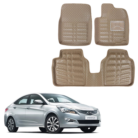 Oshotto 4D Artificial Leather Car Floor Mats For Hyundai Verna Fluidic - Set of 3 (2 pcs Front & one Long Single Rear pc) - Beige