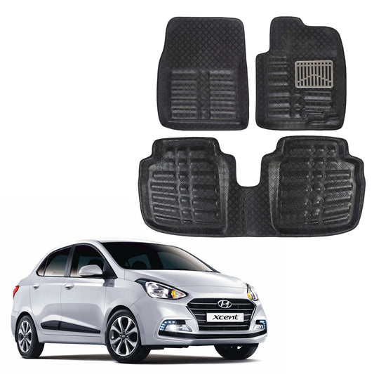 Oshotto 4D Artificial Leather Car Floor Mats For Hyundai Xcent - Set of 3 (2 pcs Front & one Long Single Rear pc) - Black