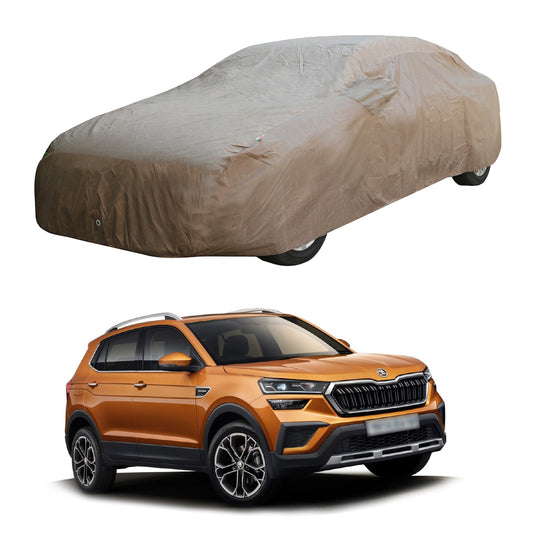 Oshotto Brown 100% Waterproof Car Body Cover with Mirror Pockets For Skoda Kushaq