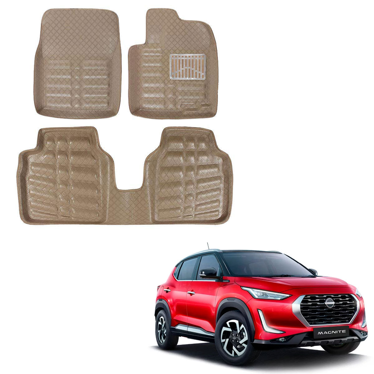 Oshotto 4D Artificial Leather Car Floor Mats For Nissan Magnite - Set of 3 (2 pcs Front & one Long Single Rear pc) - Beige