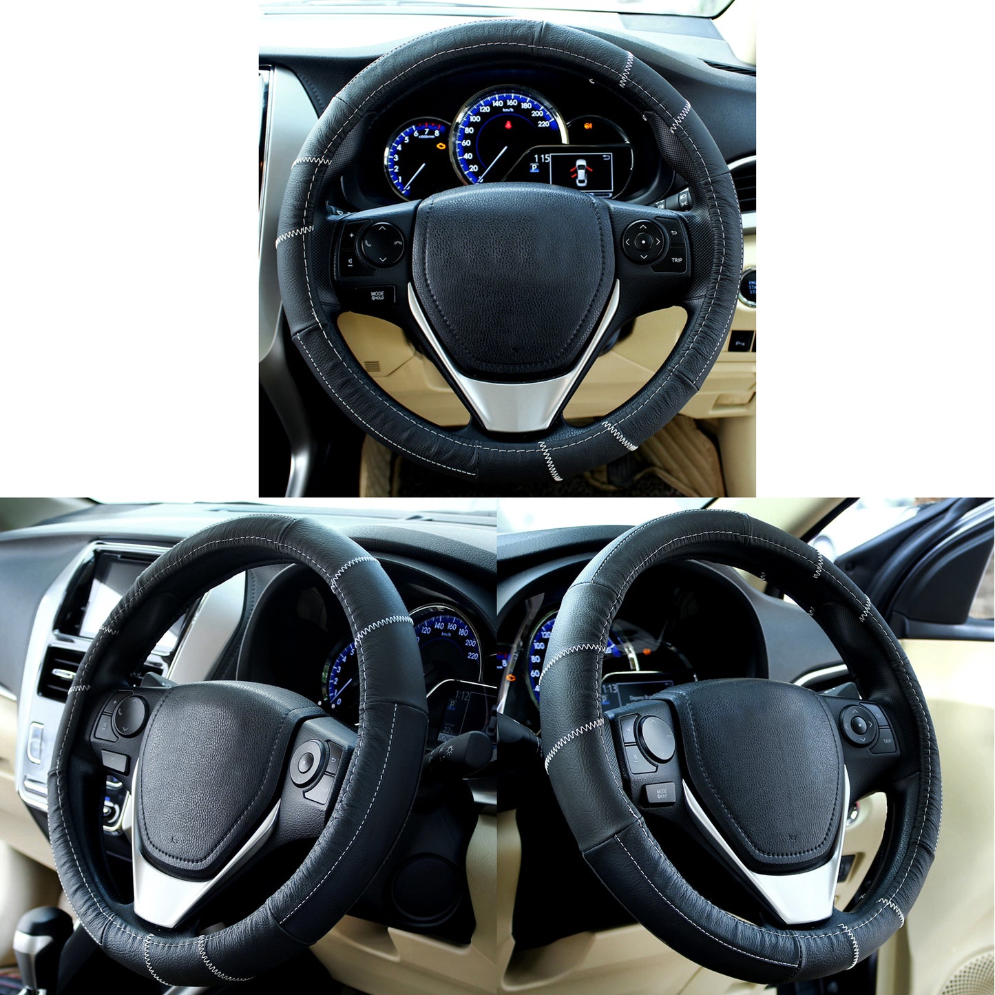 Oshotto SC-006 Leather Car Steering Cover (Black,Medium)