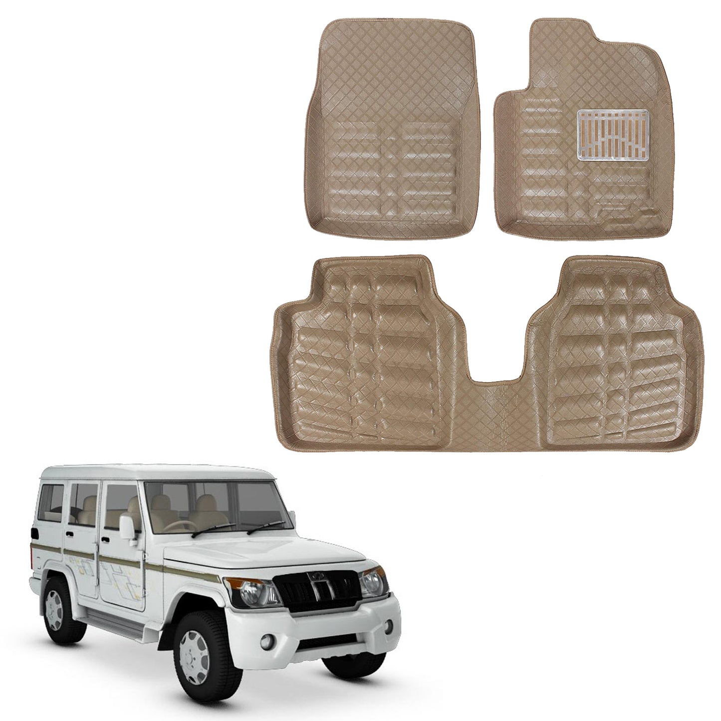 Oshotto 4D Artificial Leather Car Floor Mats For Mahindra Bolero - Set of 4 (Complete Mat with Dicky) - Beige
