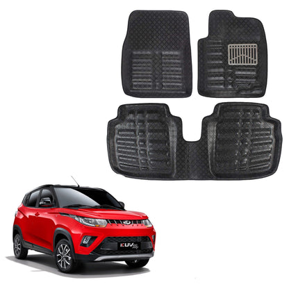 Oshotto 4D Artificial Leather Car Floor Mats For Mahindra KUV100 - Set of 3 (2 pcs Front & one Long Single Rear pc) - Black