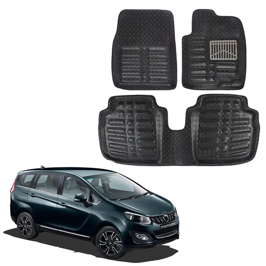 Oshotto 4D Artificial Leather Car Floor Mats For Mahindra Marazzo - Set of 4 (Complete Mat with Third Row) - Black