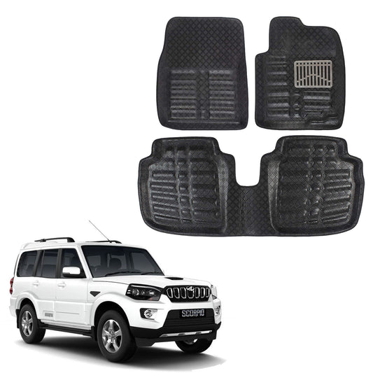 Oshotto 4D Artificial Leather Car Floor Mats For Mahindra Scorpio - Set of 4 (Complete Mat with Third Row) - Black