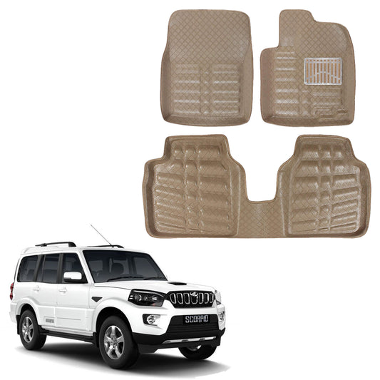 Oshotto 4D Artificial Leather Car Floor Mats For Mahindra Scorpio - Set of 4 (Complete Mat with Third Row) - Beige