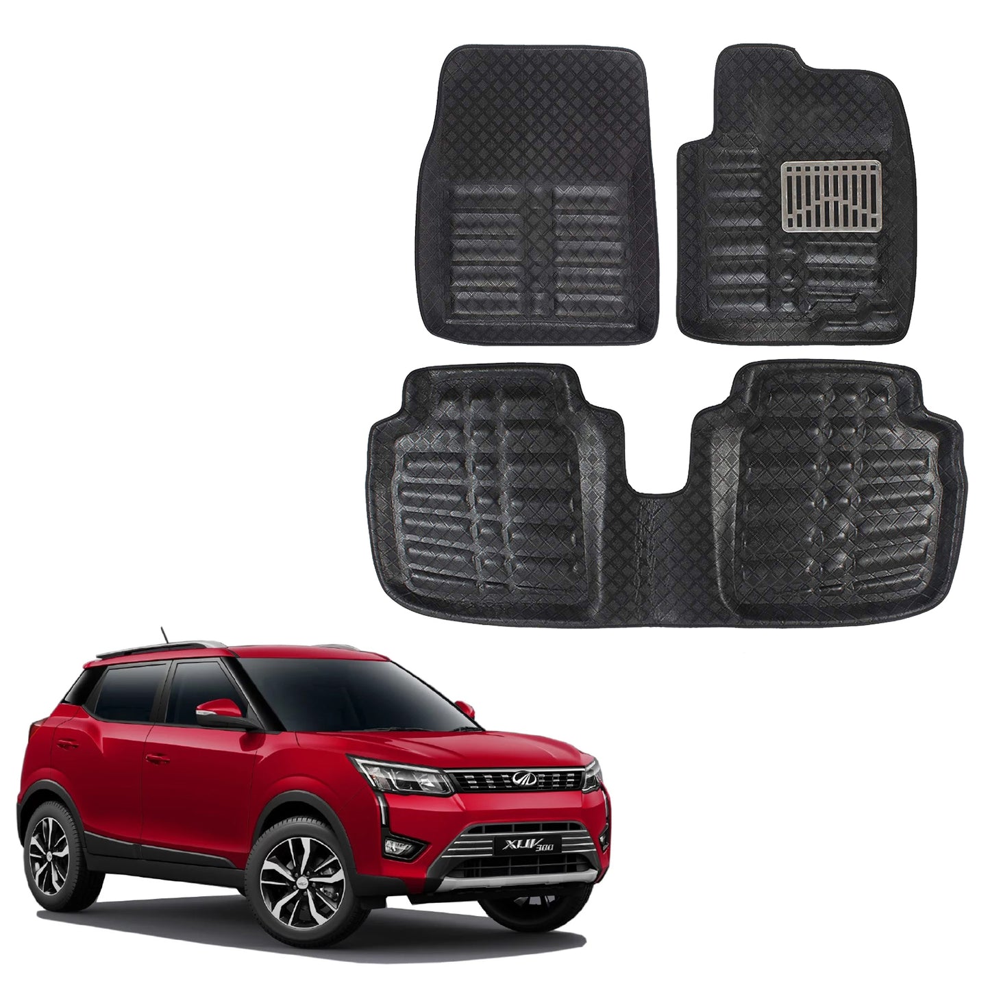 Oshotto 4D Artificial Leather Car Floor Mats For Mahindra XUV 300 - Set of 3 (2 pcs Front & one Long Single Rear pc) - Black