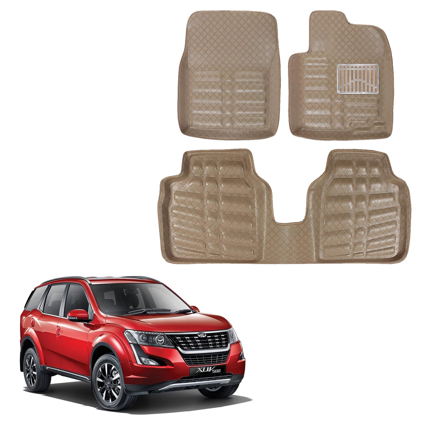 Oshotto 4D Artificial Leather Car Floor Mats For Mahindra XUV 500 - Set of 4 (Complete Mat with Third Row) - Beige