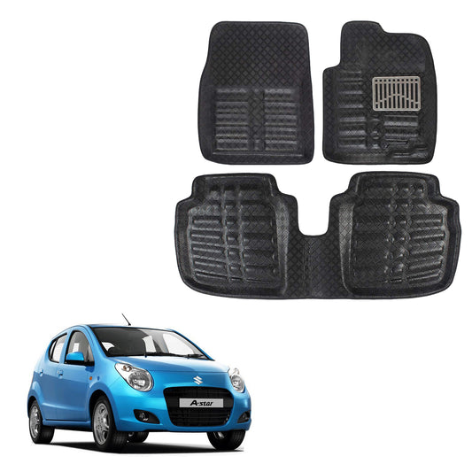 Oshotto 4D Artificial Leather Car Floor Mats For Maruti Suzuki A-Star - Set of 3 (2 pcs Front & one Long Single Rear pc) - Black