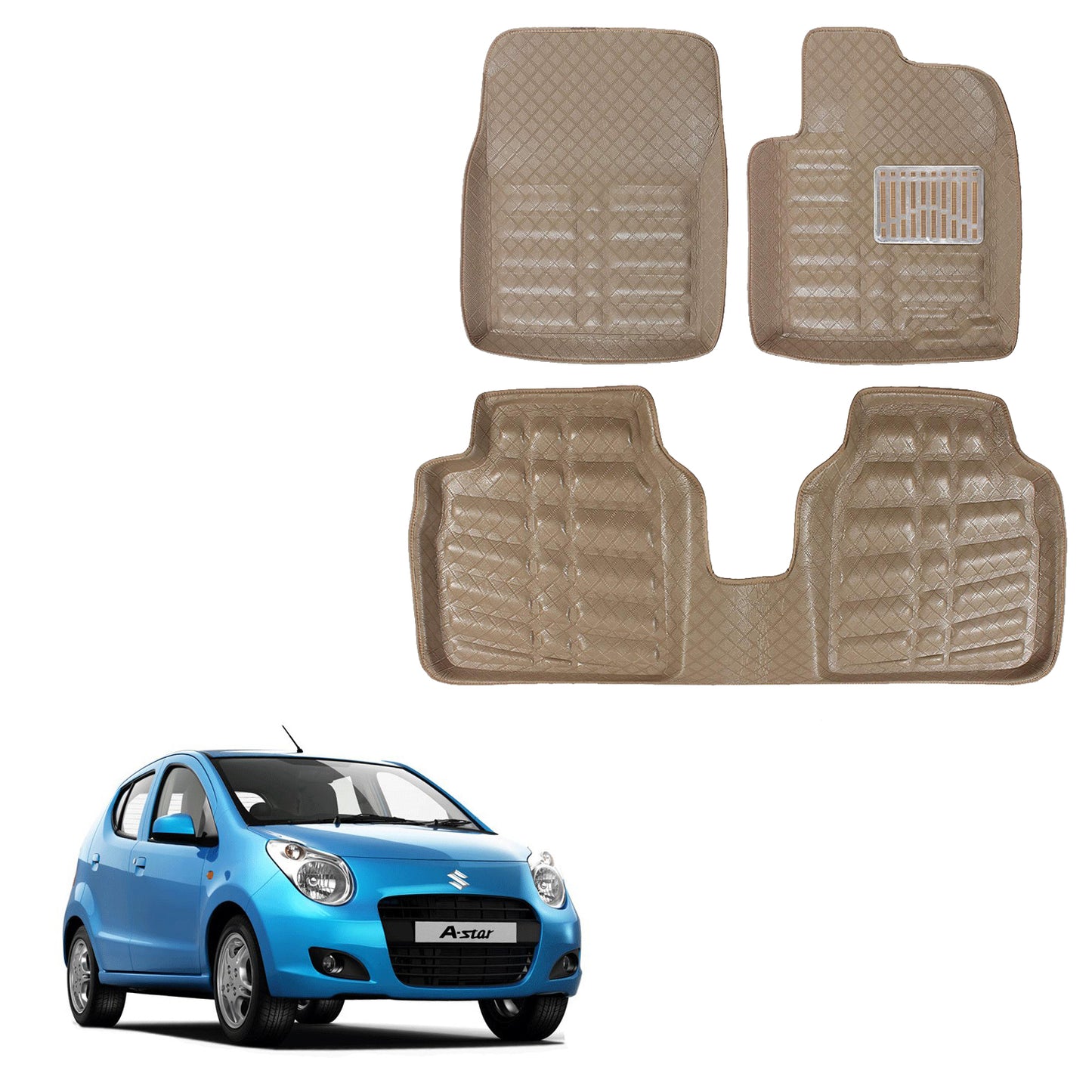 Oshotto 4D Artificial Leather Car Floor Mats For Maruti Suzuki A-Star - Set of 3 (2 pcs Front & one Long Single Rear pc) - Beige