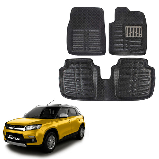 Oshotto 4D Artificial Leather Car Floor Mats For Maruti Suzuki Brezza - Set of 3 (2 pcs Front & one Long Single Rear pc) - Black