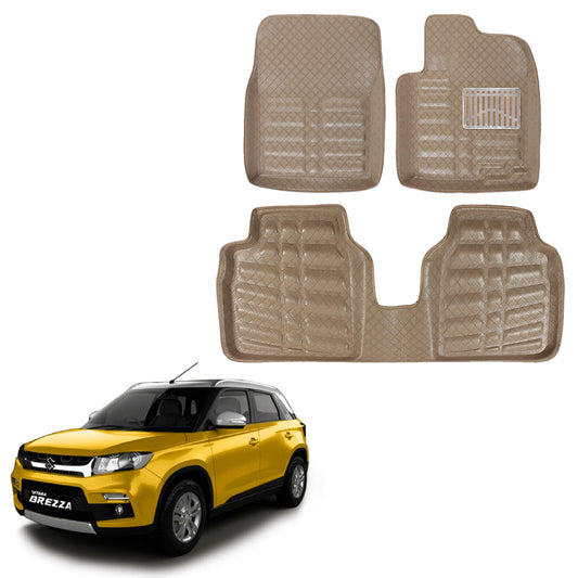 Oshotto 4D Artificial Leather Car Floor Mats For Maruti Suzuki Brezza - Set of 3 (2 pcs Front & one Long Single Rear pc) - Beige