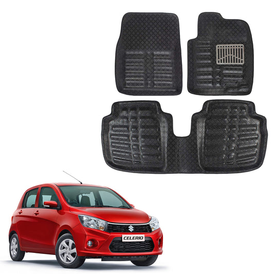 Oshotto 4D Artificial Leather Car Floor Mats For Maruti Suzuki Celerio - Set of 3 (2 Pieces Front & one Long Single Rear Pieces) - Black