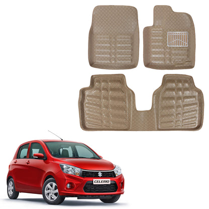 Oshotto 4D Artificial Leather Car Floor Mats For Maruti Suzuki Celerio - Set of 3 (2 pcs Front & one Long Single Rear pc) - Beige