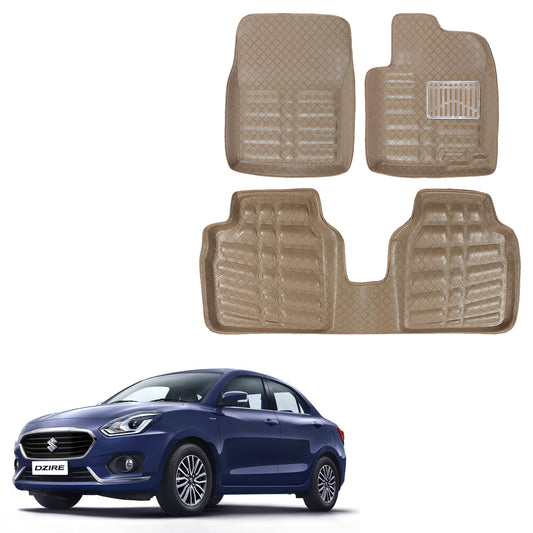 Oshotto 4D Artificial Leather Car Floor Mats For Maruti Suzuki New Dzire 2017-2023 - Set of 3 (2 pcs Front & one Long Single Rear pc) - Beige