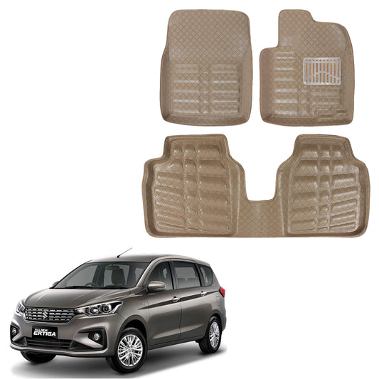 Oshotto 4D Artificial Leather Car Floor Mats For Maruti Suzuki Ertiga 2018-2023 - Set of 5 (Complete Mat with 3rd Row and Dicky) - Beige