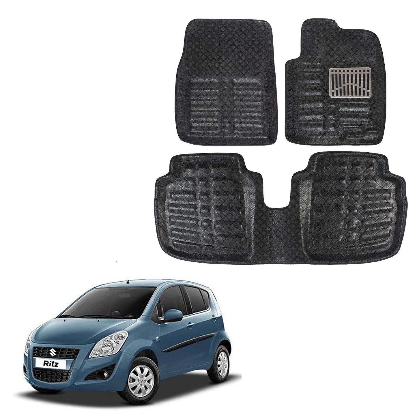 Oshotto 4D Artificial Leather Car Floor Mats For Maruti Suzuki Ritz (2 Pieces Front and one Long Single Rear PC) -Set of 3 - Black