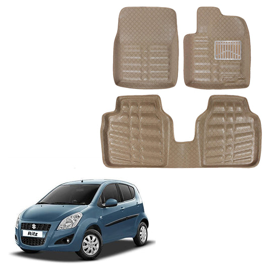 Oshotto 4D Artificial Leather Car Floor Mats For Maruti Suzuki Ritz (2 Pieces Front and Long Single Rear Piece) - Set of 3 - Beige