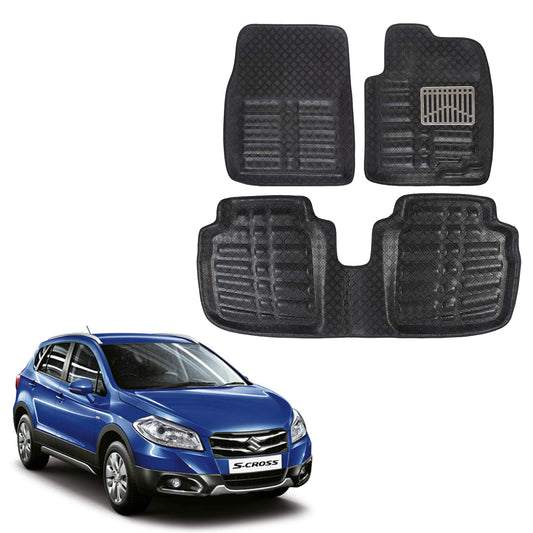 Oshotto 4D Artificial Leather Car Floor Mats For Maruti Suzuki S-Cross - Set of 3 (2 pcs Front & one Long Single Rear pc) - Black