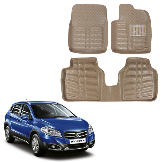 Oshotto 4D Artificial Leather Car Floor Mats For Maruti Suzuki S-Cross - Set of 3 (2 pcs Front & one Long Single Rear pc) - Beige