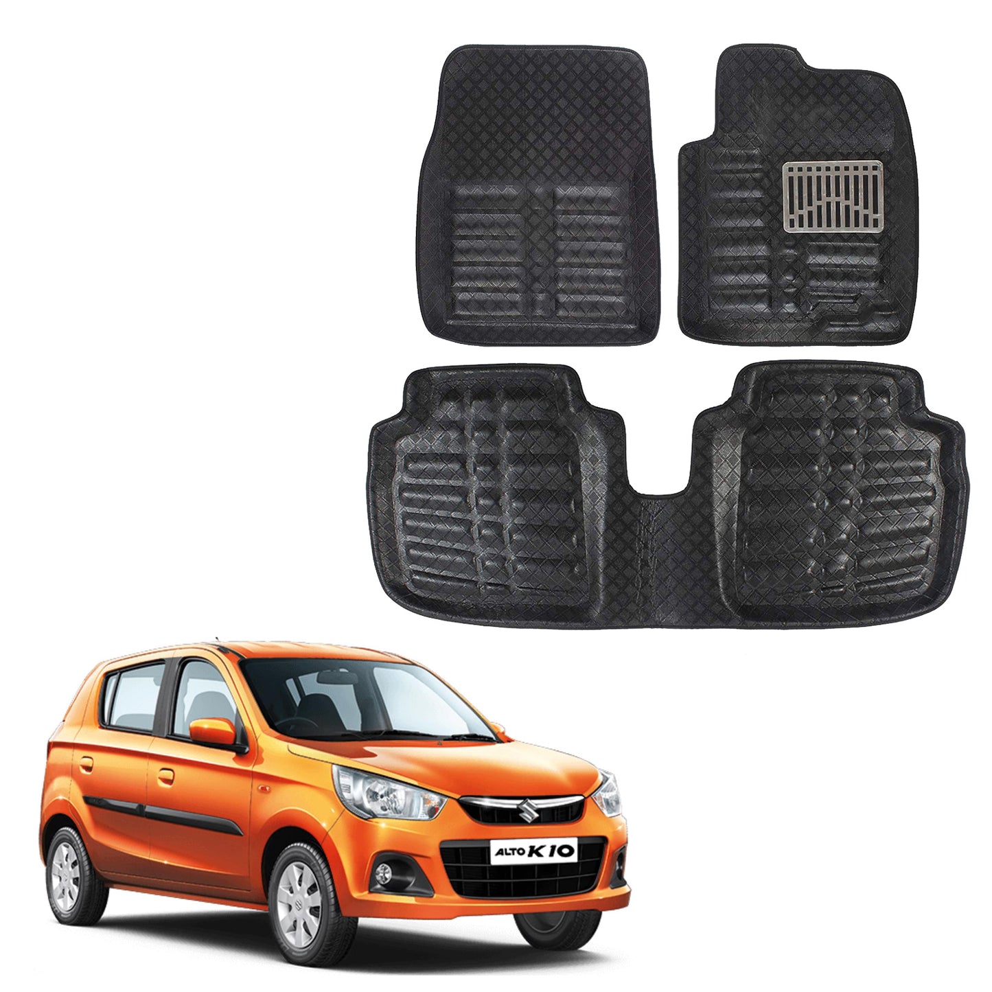 Oshotto 4D Artificial Leather Car Floor Mats For Maruti Suzuki Alto K10 - Set of 3 (2 pcs Front & one Long Single Rear pc) - Black