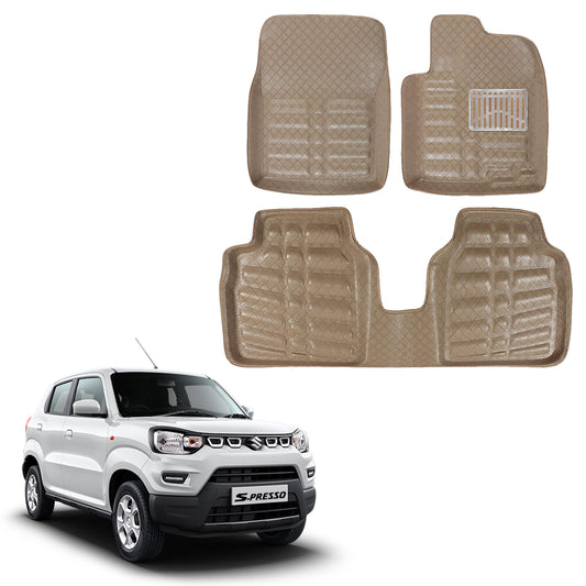 Oshotto 4D Artificial Leather Car Floor Mats For Maruti Suzuki S-Presso - Set of 3 (2 pcs Front & one Long Single Rear pc) - Beige