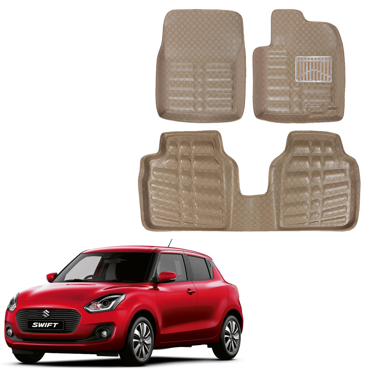 Oshotto 4D Artificial Leather Car Floor Mats For Maruti Suzuki Swift (2005-2017) - Set of 3 (2 pcs Front & one Long Single Rear pc) - Beige