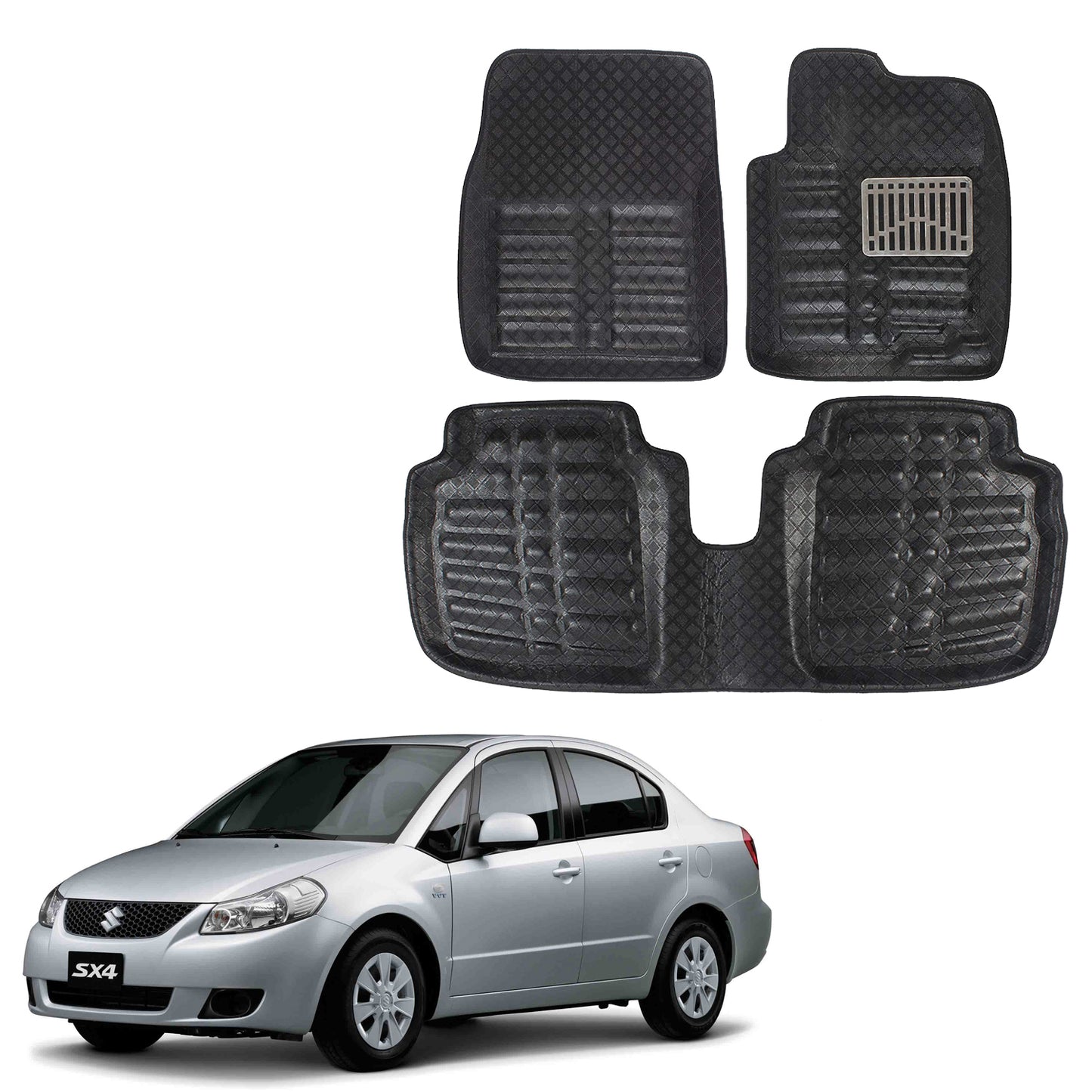 Oshotto 4D Artificial Leather Car Floor Mats For Maruti Suzuki SX4 - Set of 3 (2 pcs Front & one Long Single Rear pc) - Black