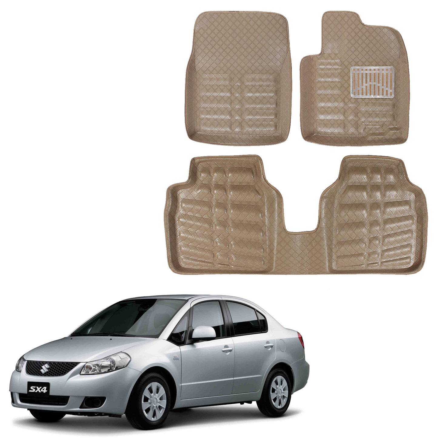 Oshotto 4D Artificial Leather Car Floor Mats For Maruti Suzuki Sx4 (Set of 3) - Beige