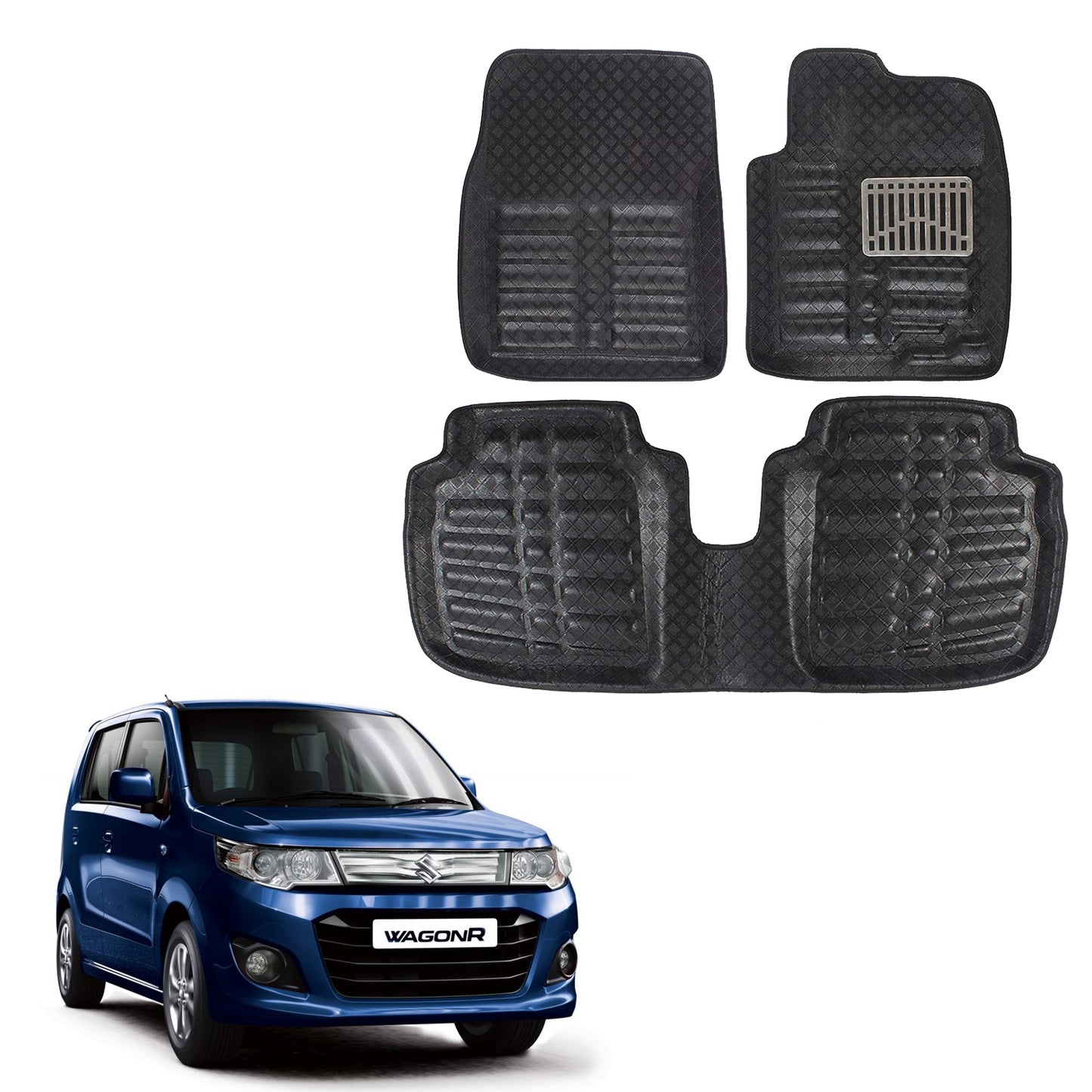 Oshotto 4D Artificial Leather Car Floor Mats For Maruti Suzuki Old WagonR - Set of 3 (2 Pieces Front & one Long Single Rear PC) - Black