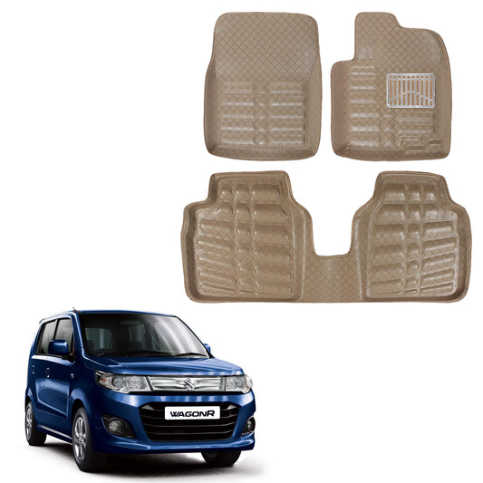 Oshotto 4D Artificial Leather Car Floor Mats For Maruti Suzuki WagonR 2004-2018 - Set of 3 (2 pcs Front & one Long Single Rear pc) - Beige