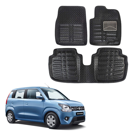 Oshotto 4D Artificial Leather Car Floor Mats For Maruti Suzuki WagonR 2019-2023 - Set of 3 (2 pcs Front & one Long Single Rear pc) - Black