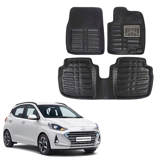 Oshotto 4D Artificial Leather Car Floor Mats For Hyundai Grand i10 Nios - Set of 3 (2 pcs Front & one Long Single Rear pc) - Black