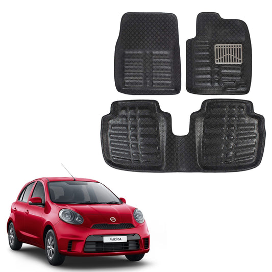 Oshotto 4D Artificial Leather Car Floor Mats For Nissan Micra - Set of 3 (2 pcs Front & one Long Single Rear pc) - Black
