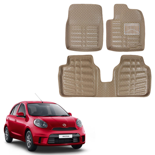 Oshotto 4D Artificial Leather Car Floor Mats For Nissan Micra - Set of 3 (2 pcs Front & one Long Single Rear pc) - Beige