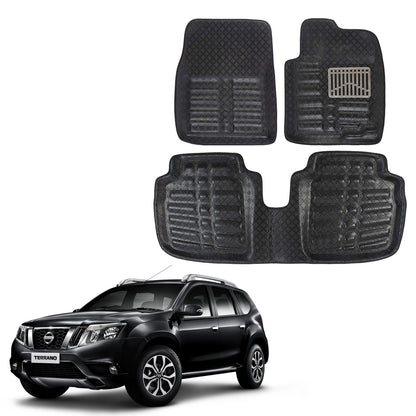 Oshotto 4D Artificial Leather Car Floor Mats For Nissan Terrano - Set of 3 (2 pcs Front & one Long Single Rear pc) - Black
