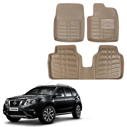 Oshotto 4D Artificial Leather Car Floor Mats For Nissan Terrano - Set of 3 (2 pcs Front & one Long Single Rear pc) - Beige