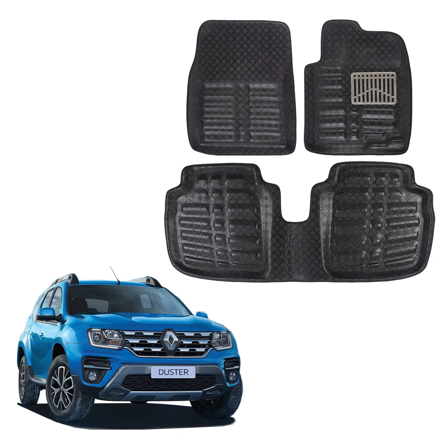 Oshotto 4D Artificial Leather Car Floor Mats For Renault Duster - Set of 3 (2 pcs Front & one Long Single Rear pc) - Black