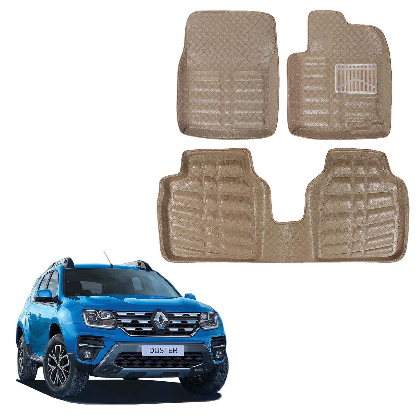 Oshotto 4D Artificial Leather Car Floor Mats For Renault Duster (2 Pieces Front and one Long Single Rear PC) -Set of 3 - Beige