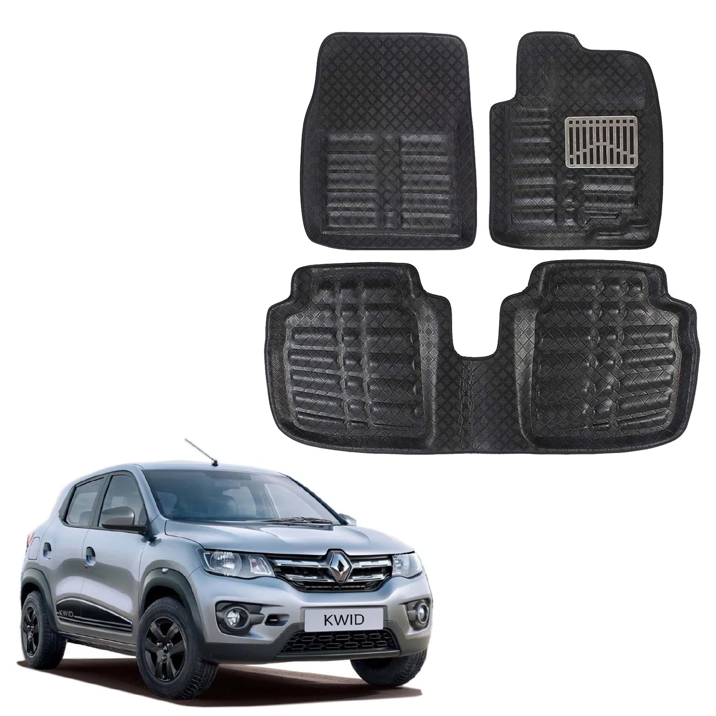 Oshotto 4D Artificial Leather Car Floor Mats For Renault Kwid - Set of 3 (2 pcs Front & one Long Single Rear pc) - Black